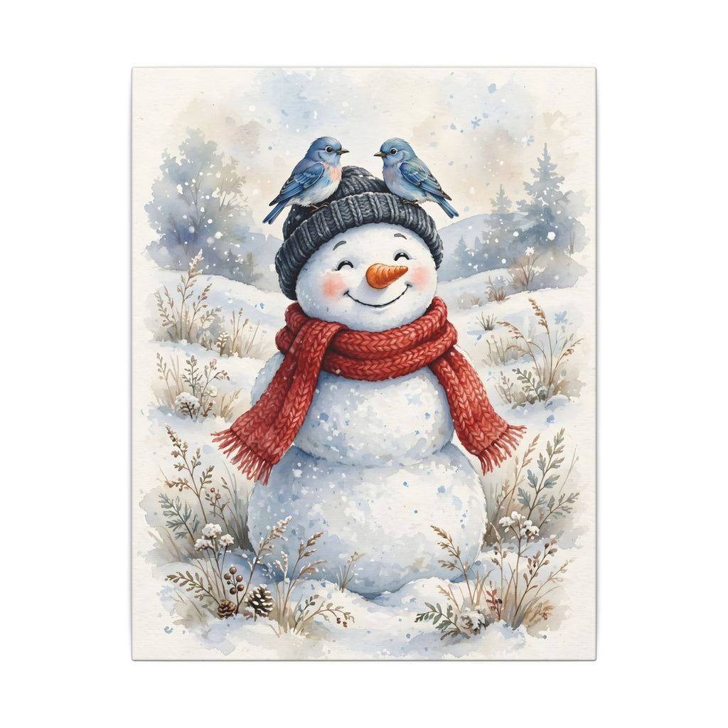 Winter Snowman and Bluebirds Canvas Wall Art – Style 2