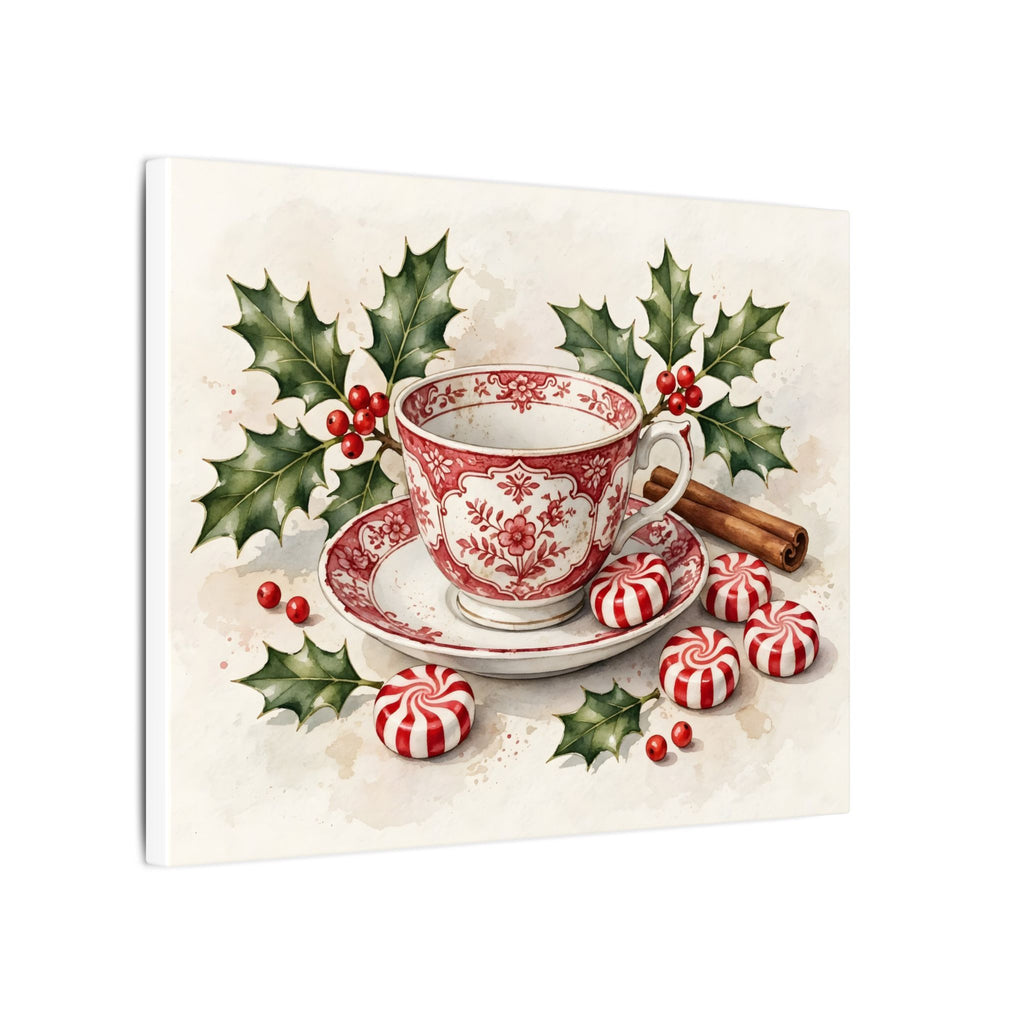 Christmas Teacup with Peppermints Canvas Wall Art