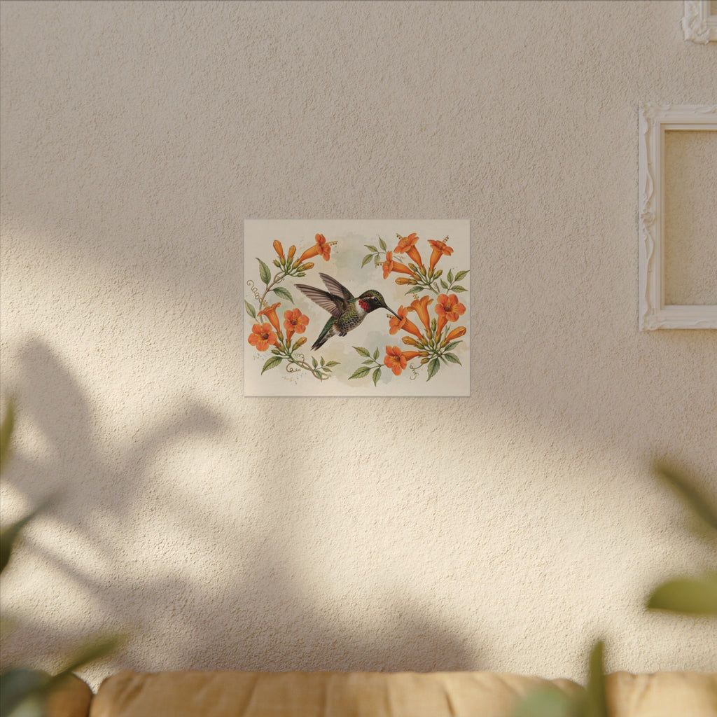 Hummingbird and Trumpet Flowers Canvas Wall Art