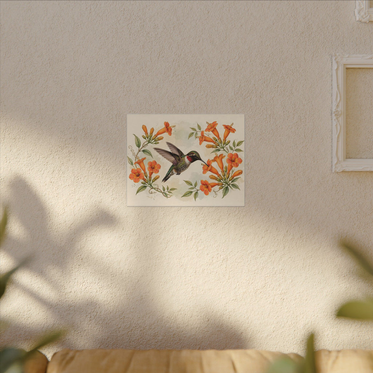 Hummingbird and Trumpet Flowers Canvas Wall Art