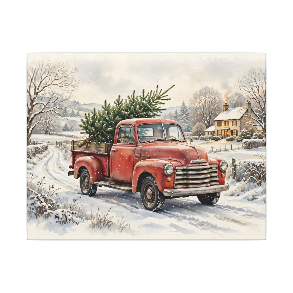 Vintage Red Truck with Christmas Tree Canvas Wall Art