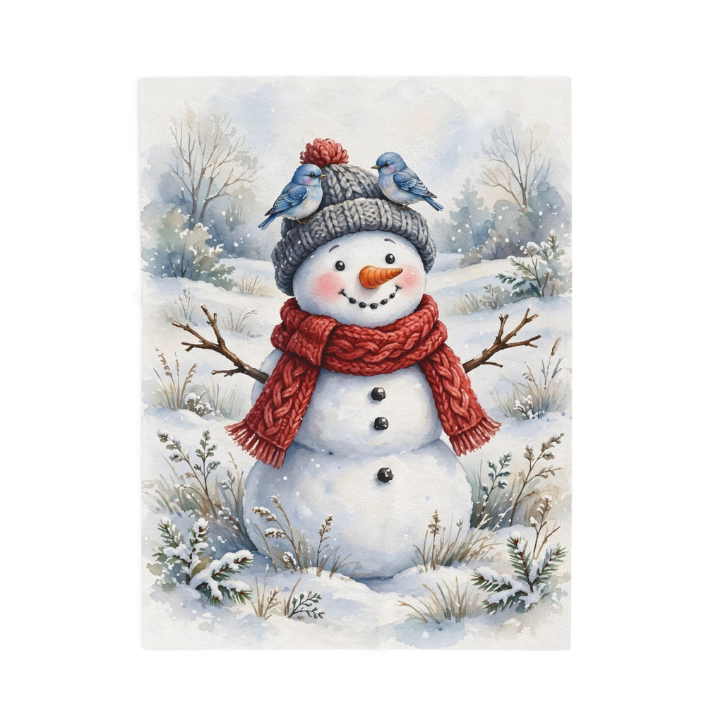 Winter Snowman and Bluebirds Velveteen Plush Blanket – Style 2