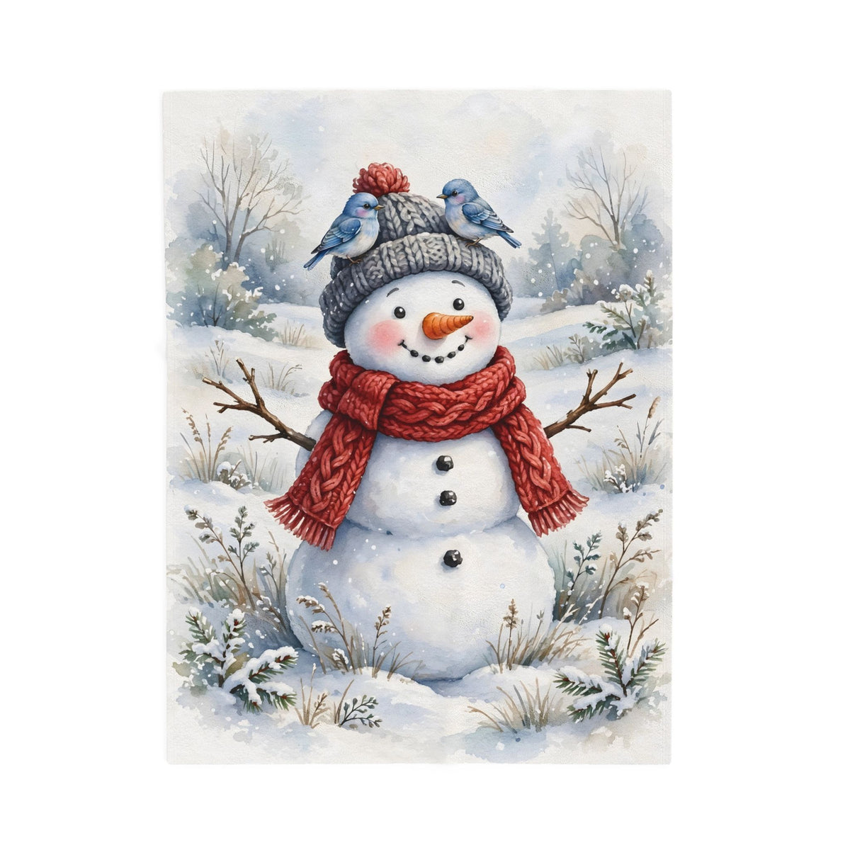 Winter Snowman and Bluebirds Velveteen Plush Blanket – Style 2