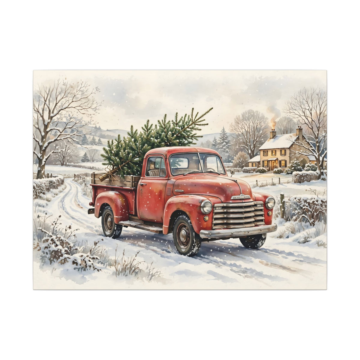 Vintage Red Truck with Christmas Tree Canvas Wall Art