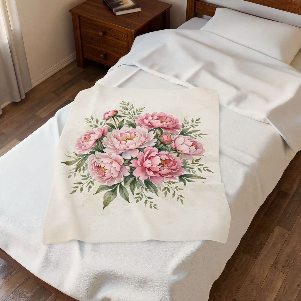 Pink Peonies Watercolor Velveteen Plush Blanket