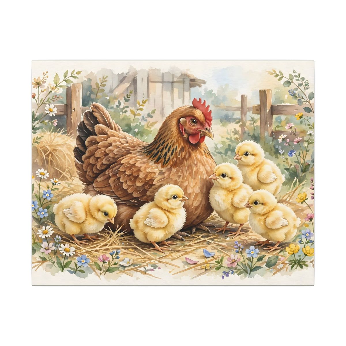 Hen and Chicks in the Barnyard Canvas Wall Art