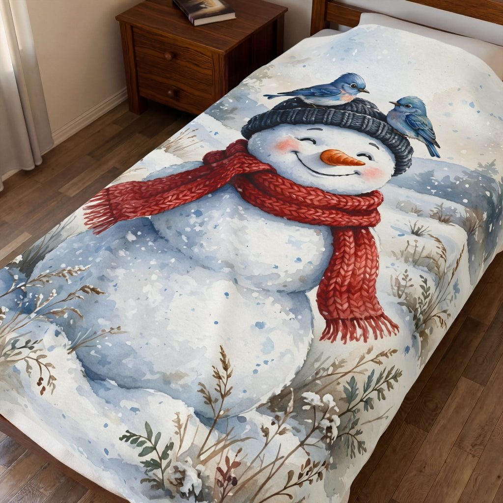 Winter Snowman and Bluebirds Velveteen Plush Blanket