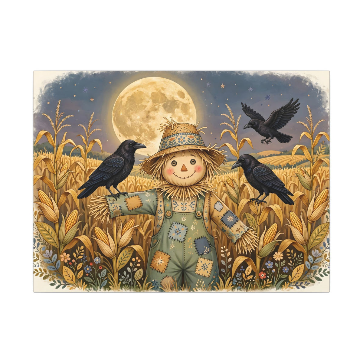 Scarecrow and Crows in the Cornfield Canvas Wall Art