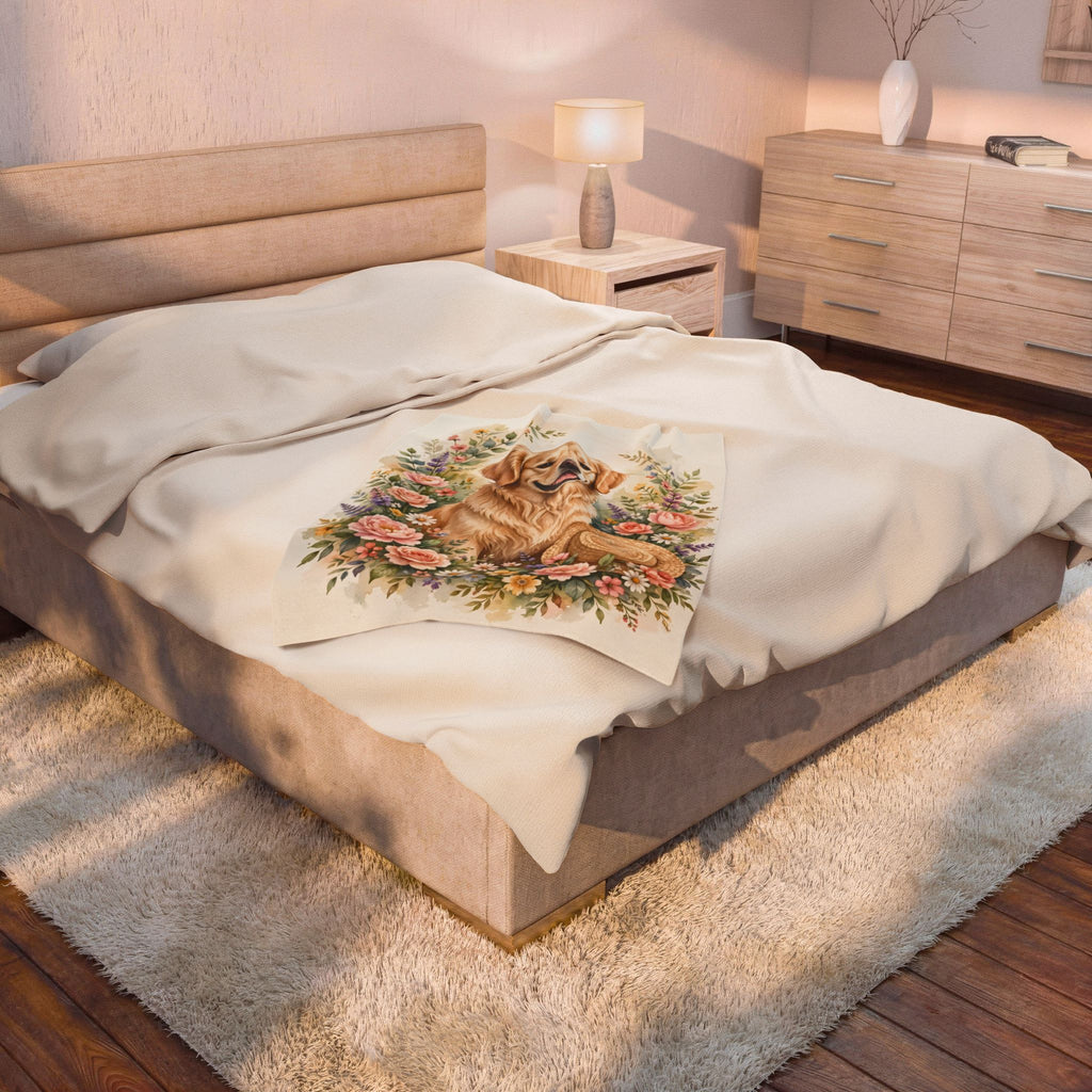 Golden Retriever in the Garden Velveteen Plush Blanket