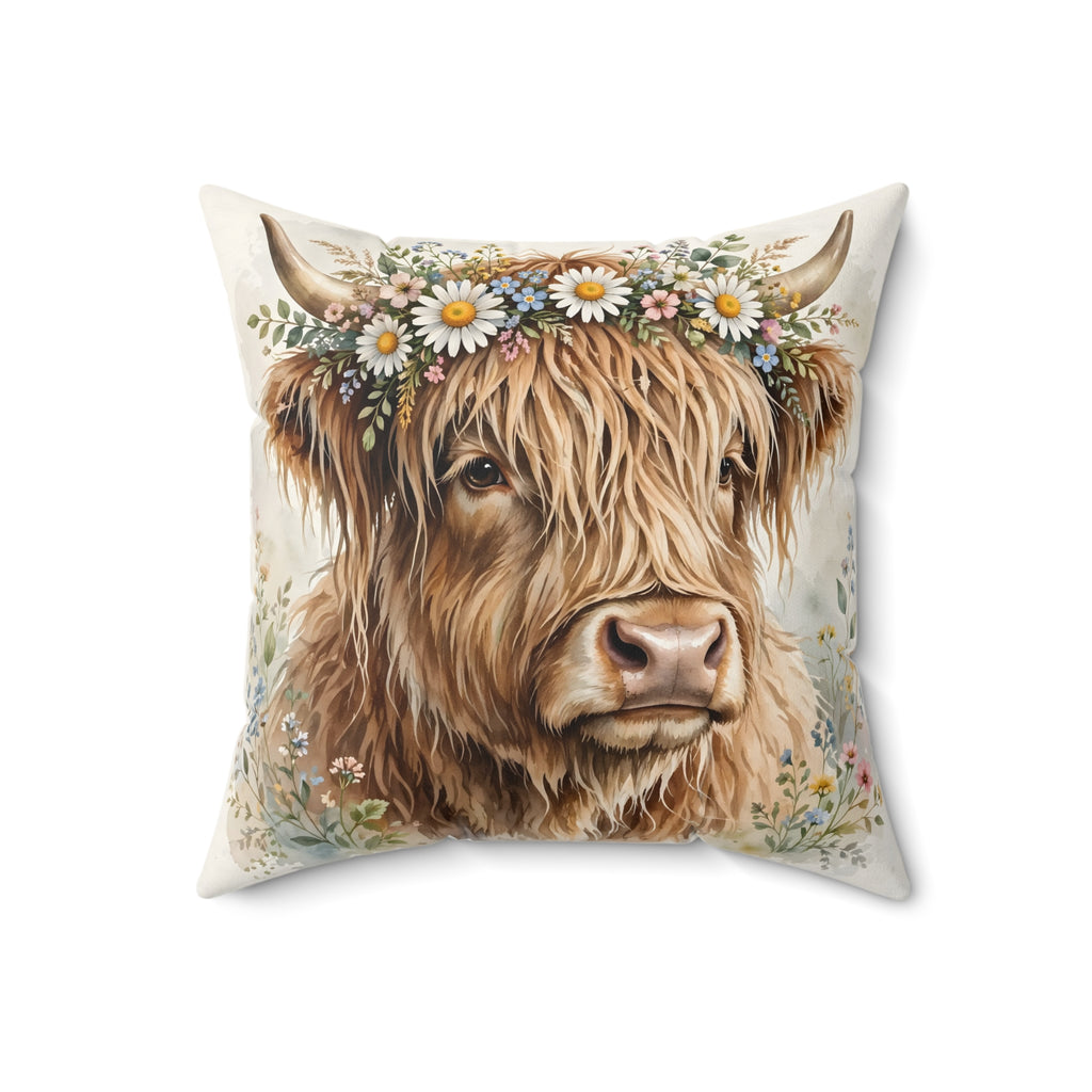 Highland Cow with Flower Crown Throw Pillow – Style 2