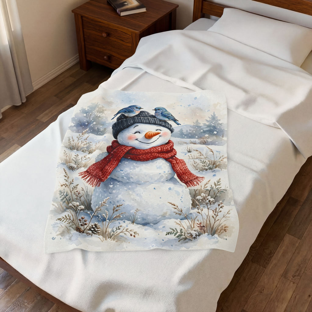Winter Snowman and Bluebirds Velveteen Plush Blanket
