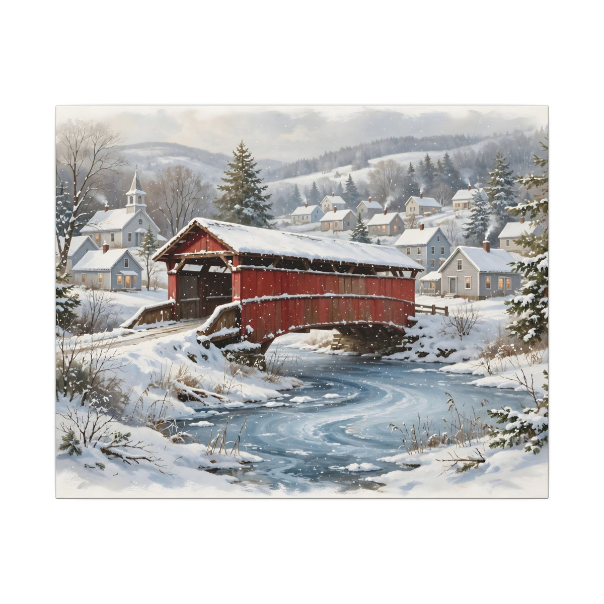 Snowy Covered Bridge Canvas Wall Art
