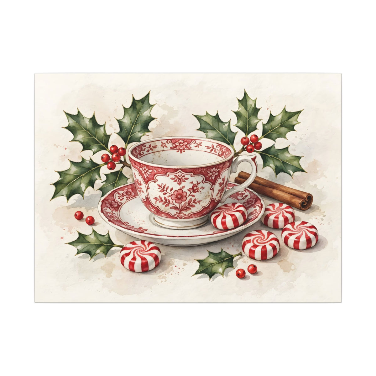 Christmas Teacup with Peppermints Canvas Wall Art