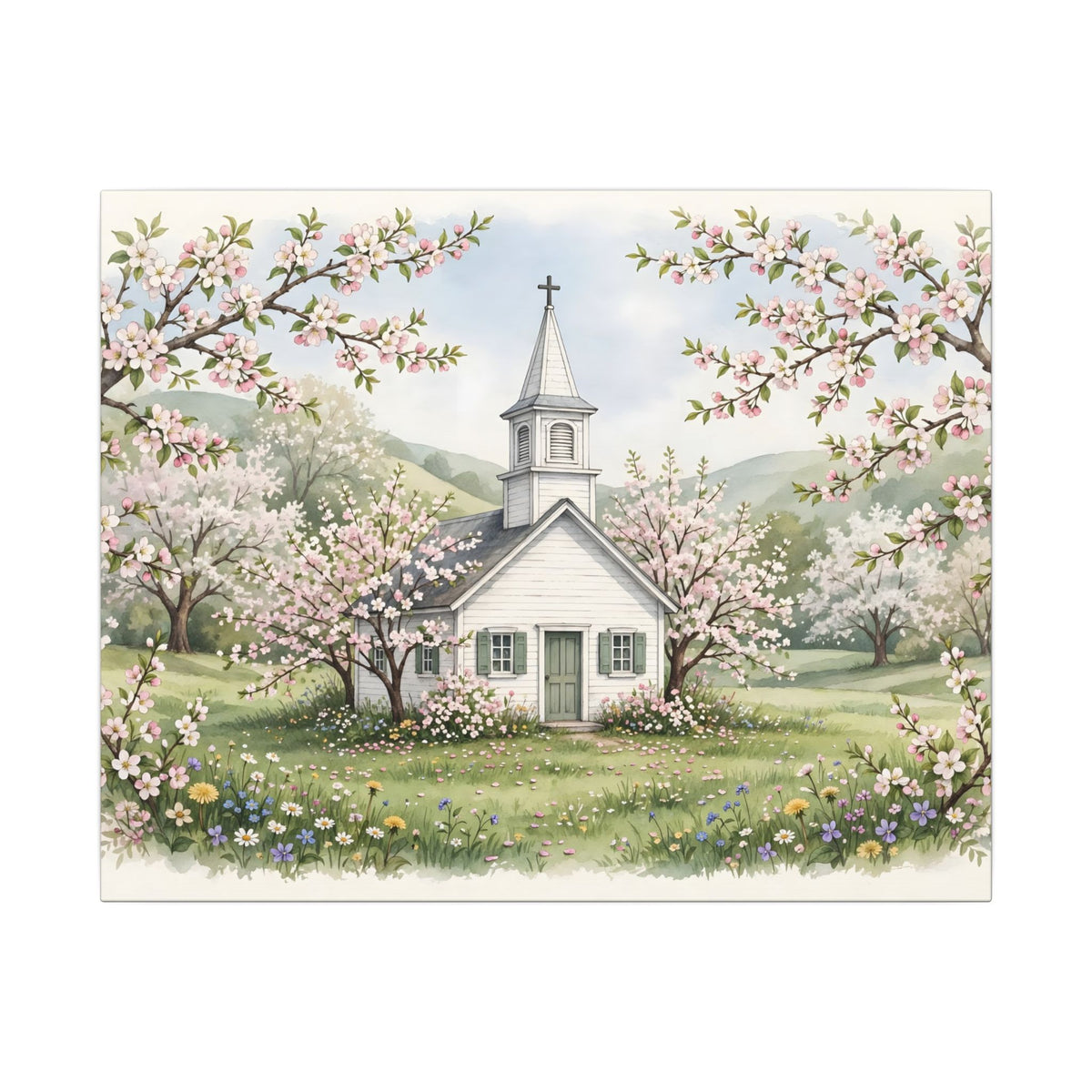 Country Church in Spring Canvas Wall Art