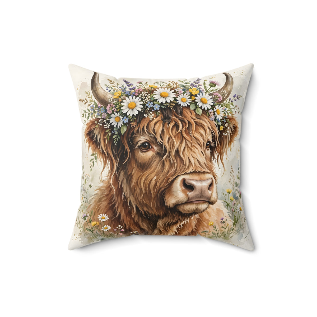 Highland Cow with Flower Crown Throw Pillow