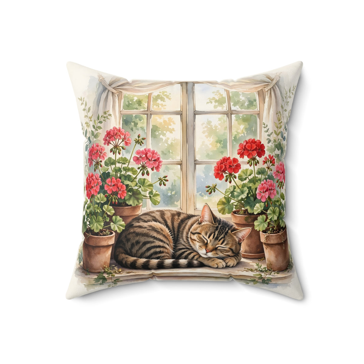 Tabby Cat in the Window Garden Throw Pillow