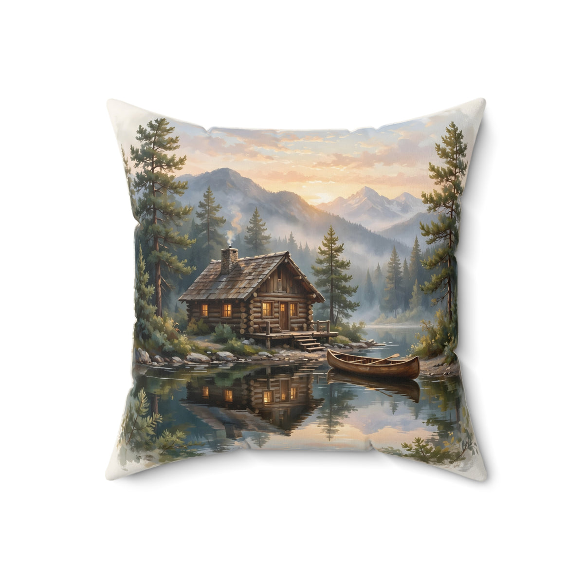 Mountain Cabin by the Lake Throw Pillow