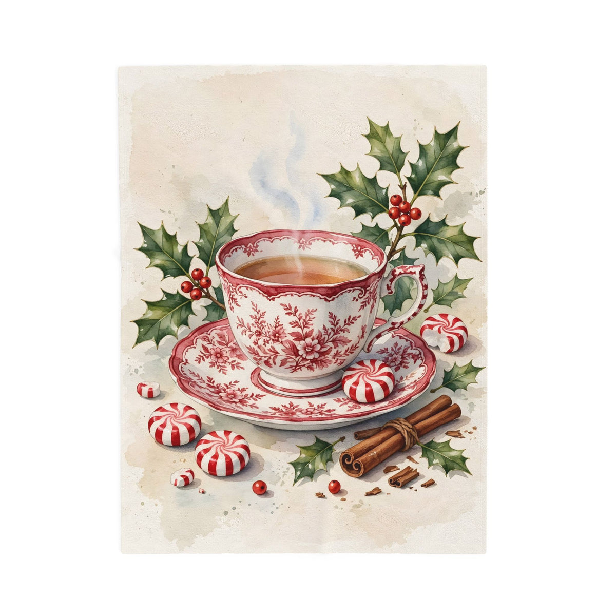 Christmas Teacup with Peppermints Velveteen Plush Blanket