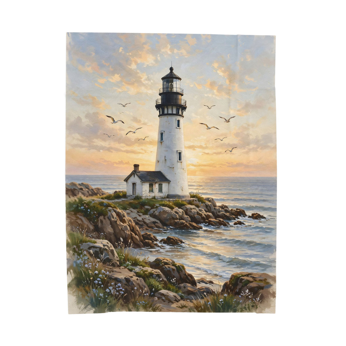 Lighthouse at Golden Hour Velveteen Plush Blanket