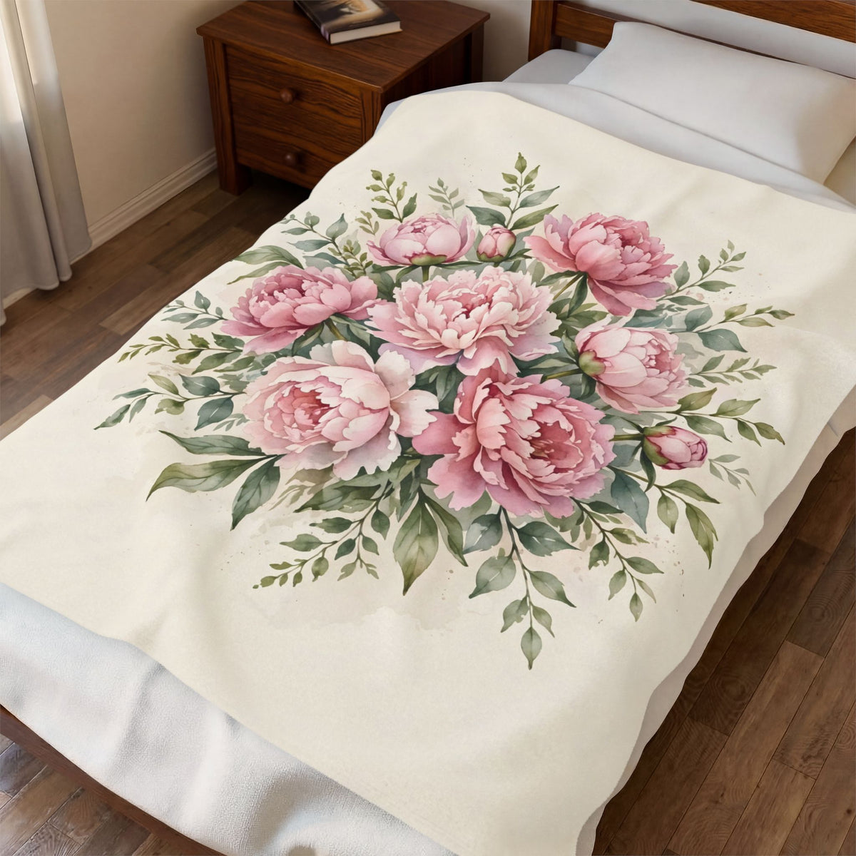 Pink Peonies Watercolor Velveteen Plush Blanket – Style 2