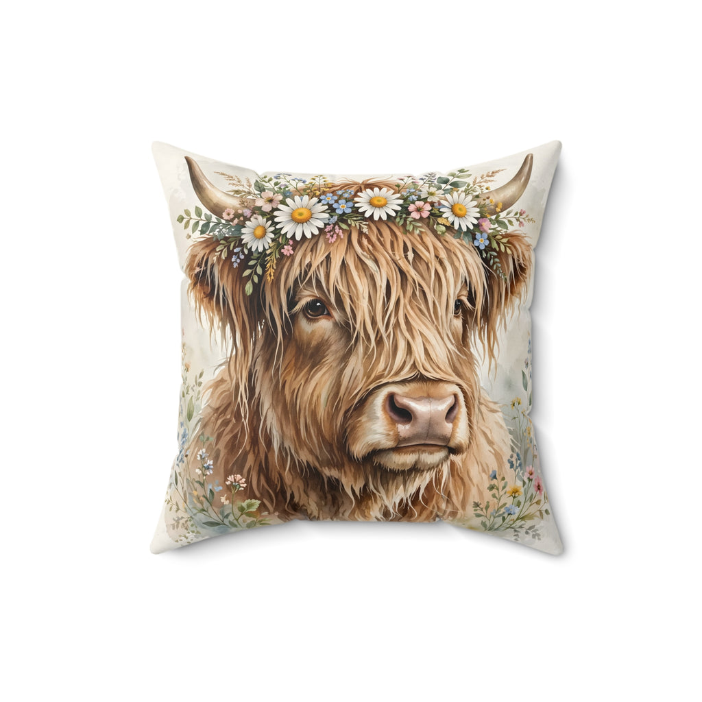 Highland Cow with Flower Crown Throw Pillow – Style 2