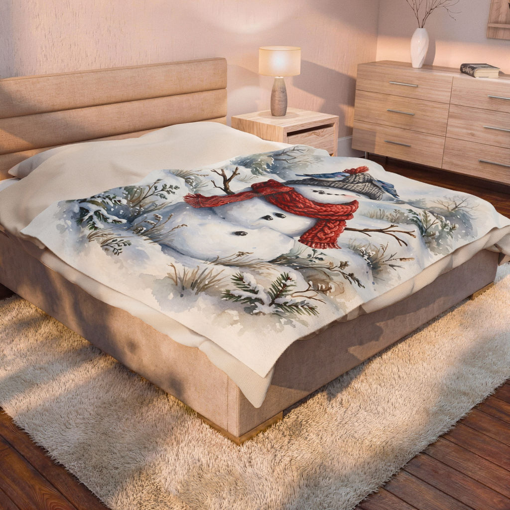 Winter Snowman and Bluebirds Velveteen Plush Blanket – Style 2