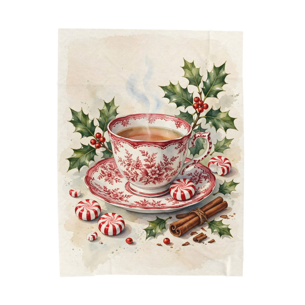 Christmas Teacup with Peppermints Velveteen Plush Blanket