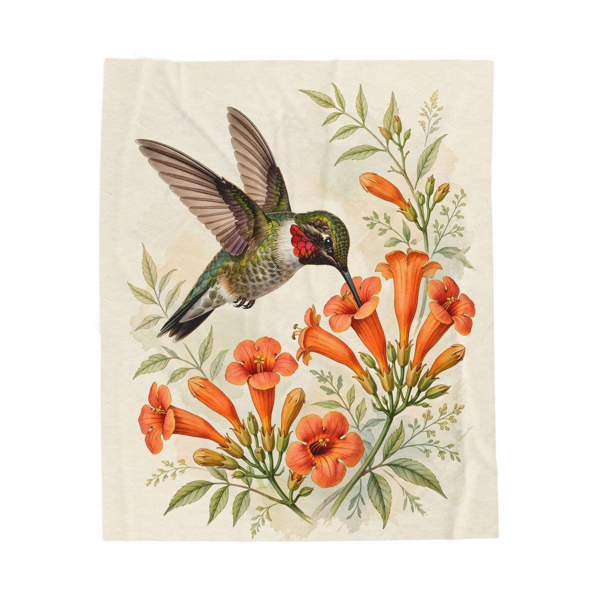Hummingbird and Trumpet Flowers Velveteen Plush Blanket – Style 2