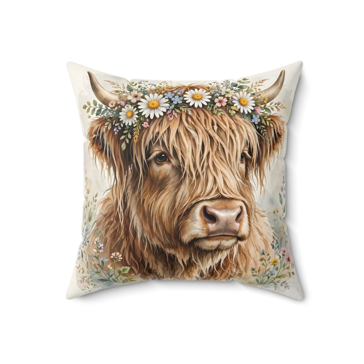 Highland Cow with Flower Crown Throw Pillow – Style 2