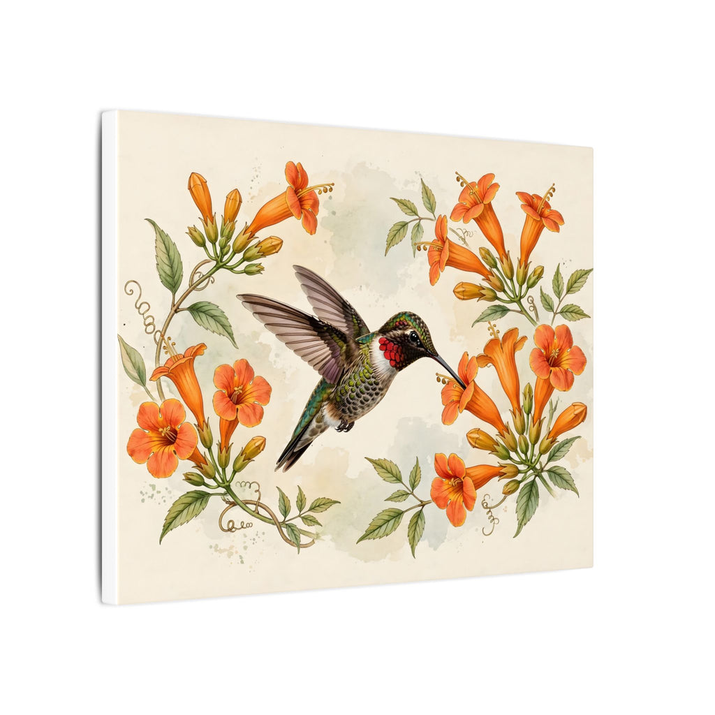 Hummingbird and Trumpet Flowers Canvas Wall Art
