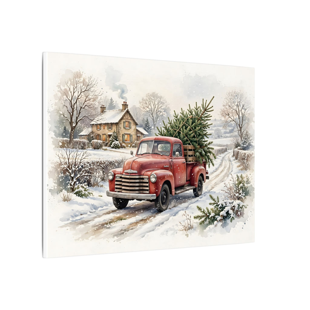 Vintage Red Truck with Christmas Tree Canvas Wall Art – Style 2