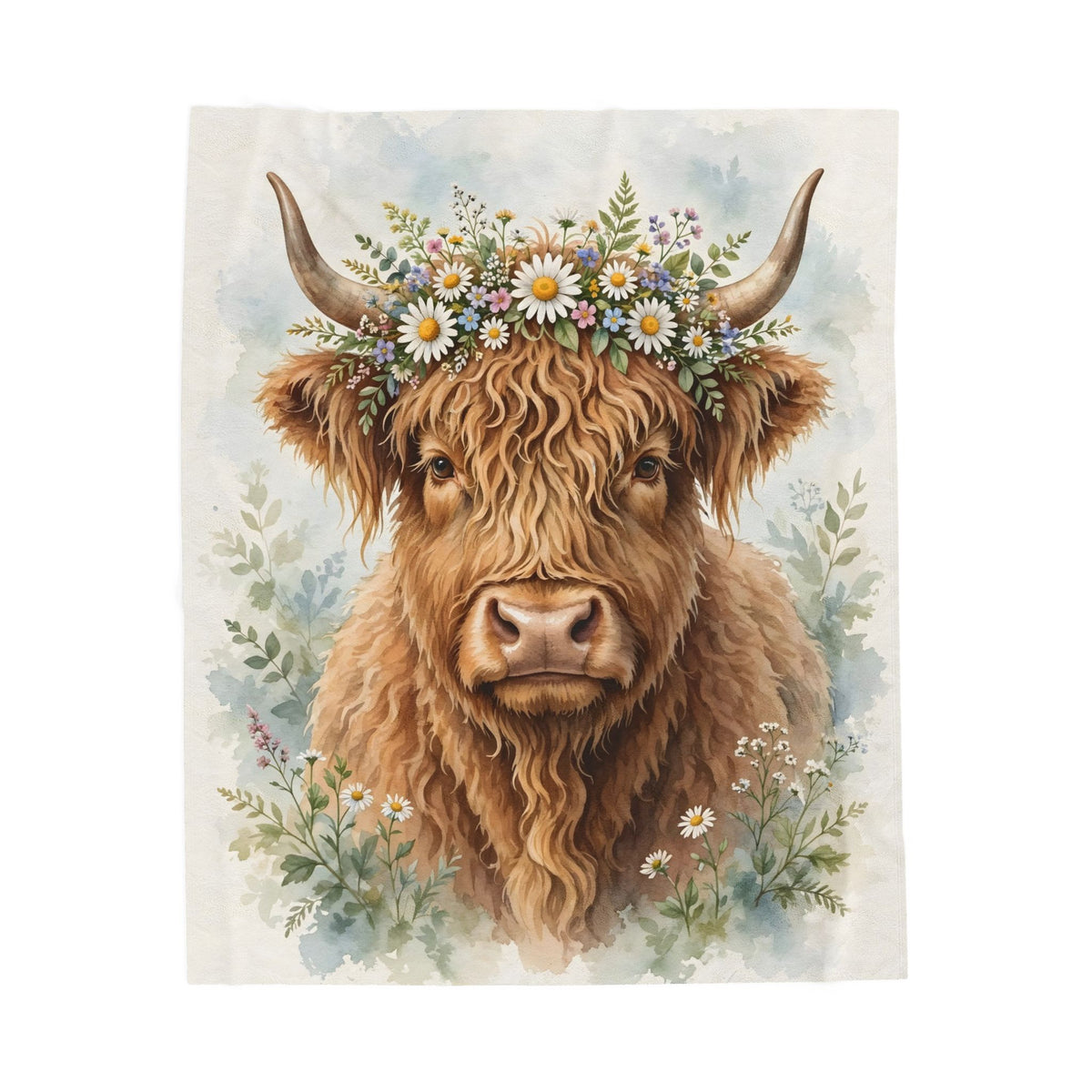 Highland Cow with Flower Crown Velveteen Plush Blanket – Style 2
