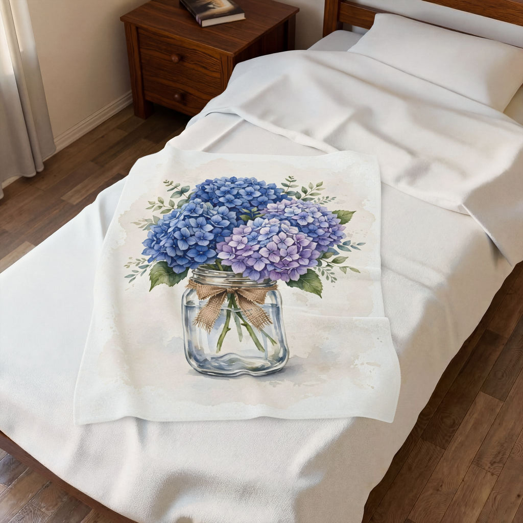 Blue Hydrangeas in a Mason Jar Velveteen Plush Blanket – Style 2
