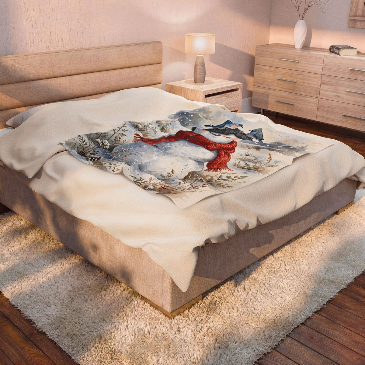 Winter Snowman and Bluebirds Velveteen Plush Blanket