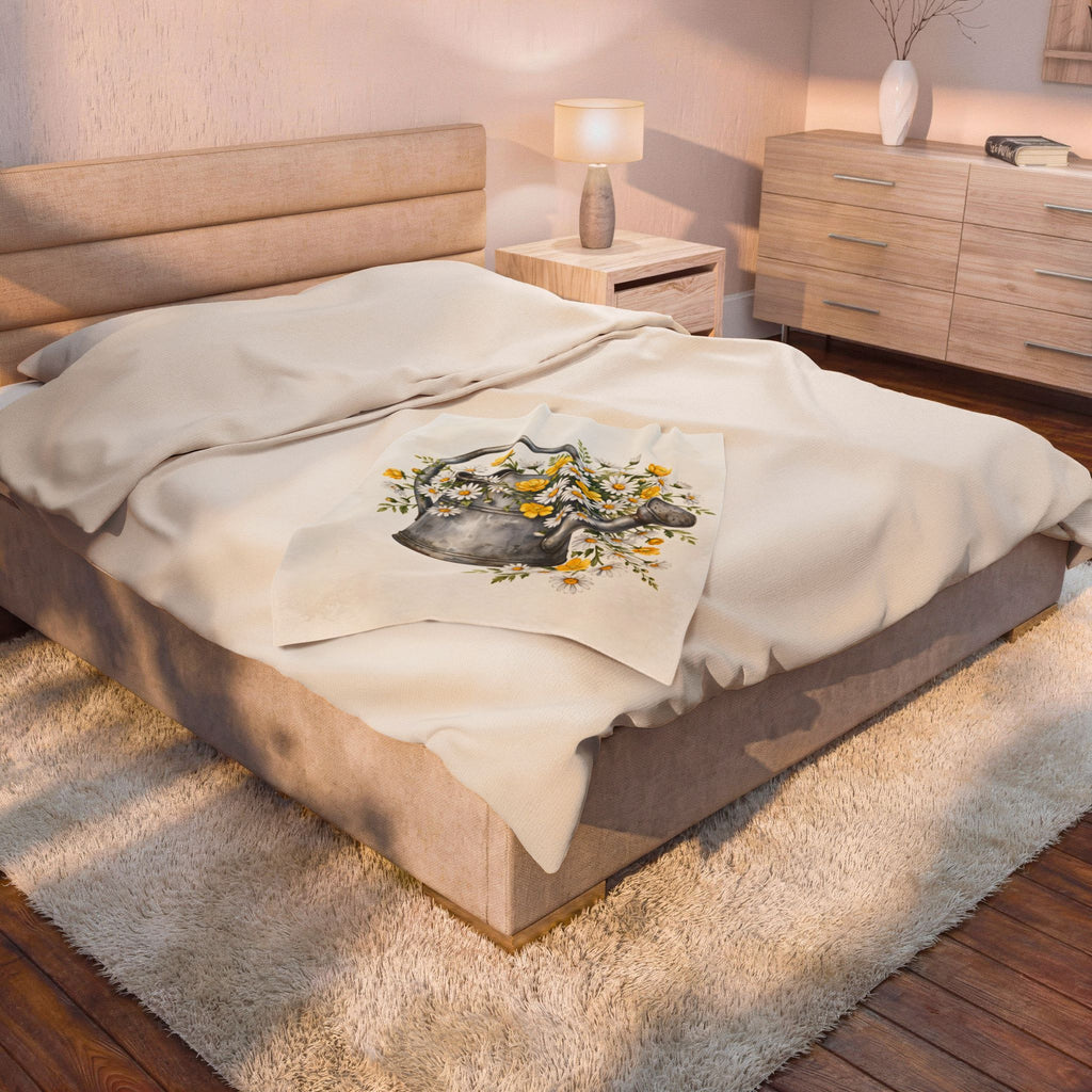 Daisies in a Watering Can Velveteen Plush Blanket