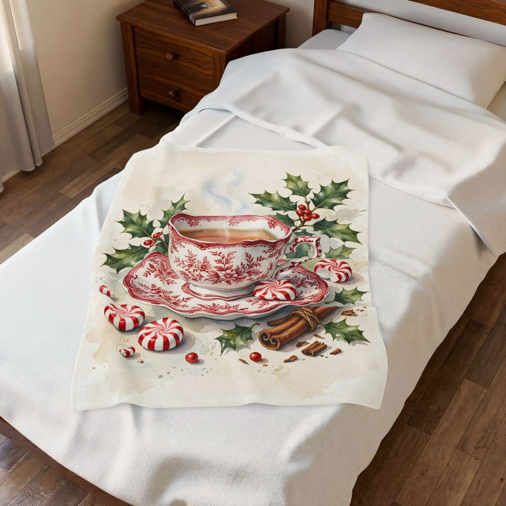Christmas Teacup with Peppermints Velveteen Plush Blanket