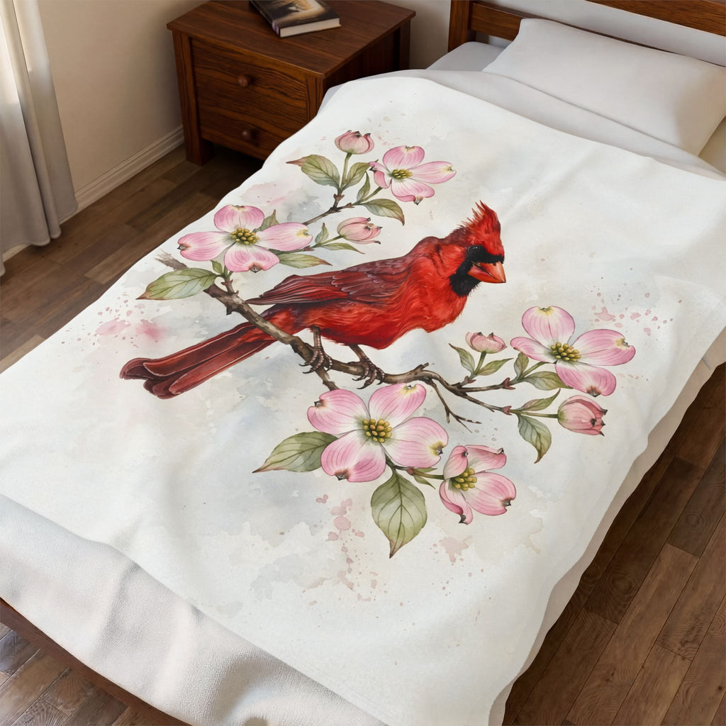 Cardinal on a Spring Branch Velveteen Plush Blanket