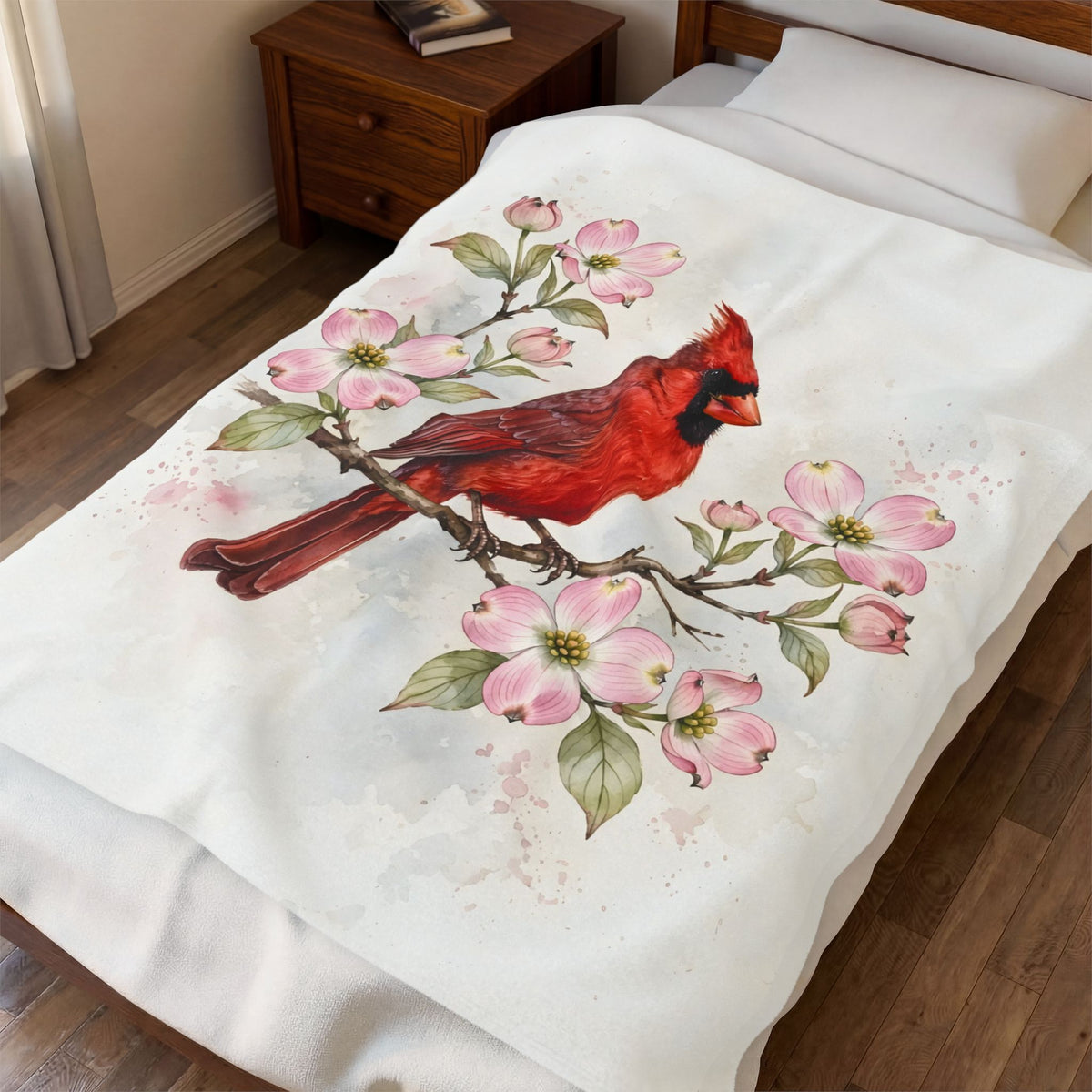 Cardinal on a Spring Branch Velveteen Plush Blanket