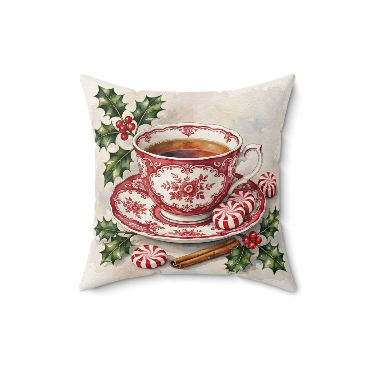 Christmas Teacup with Peppermints Throw Pillow
