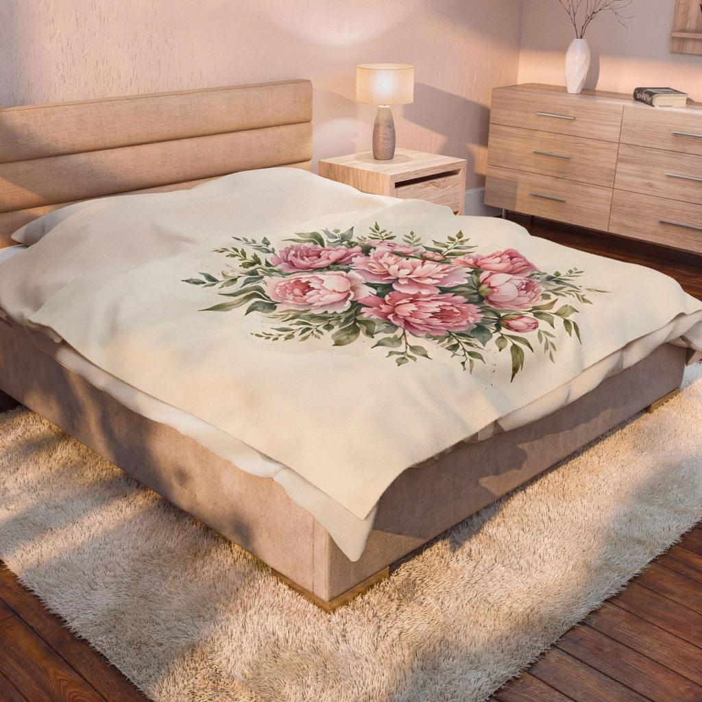 Pink Peonies Watercolor Velveteen Plush Blanket – Style 2