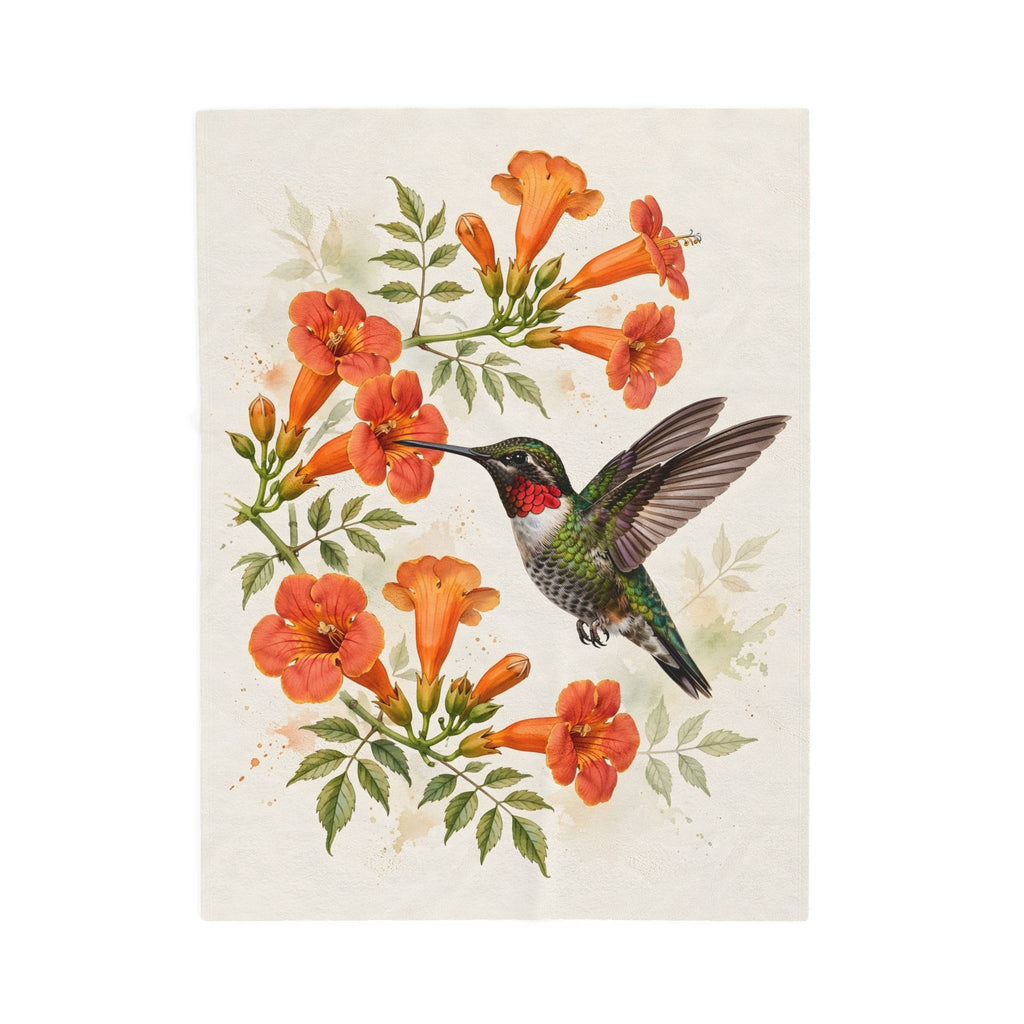 Hummingbird and Trumpet Flowers Velveteen Plush Blanket