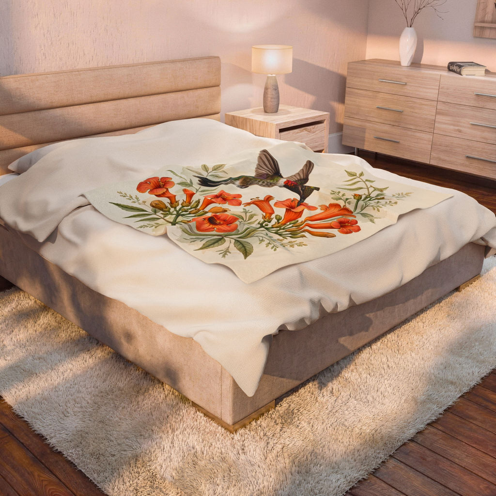 Hummingbird and Trumpet Flowers Velveteen Plush Blanket – Style 2