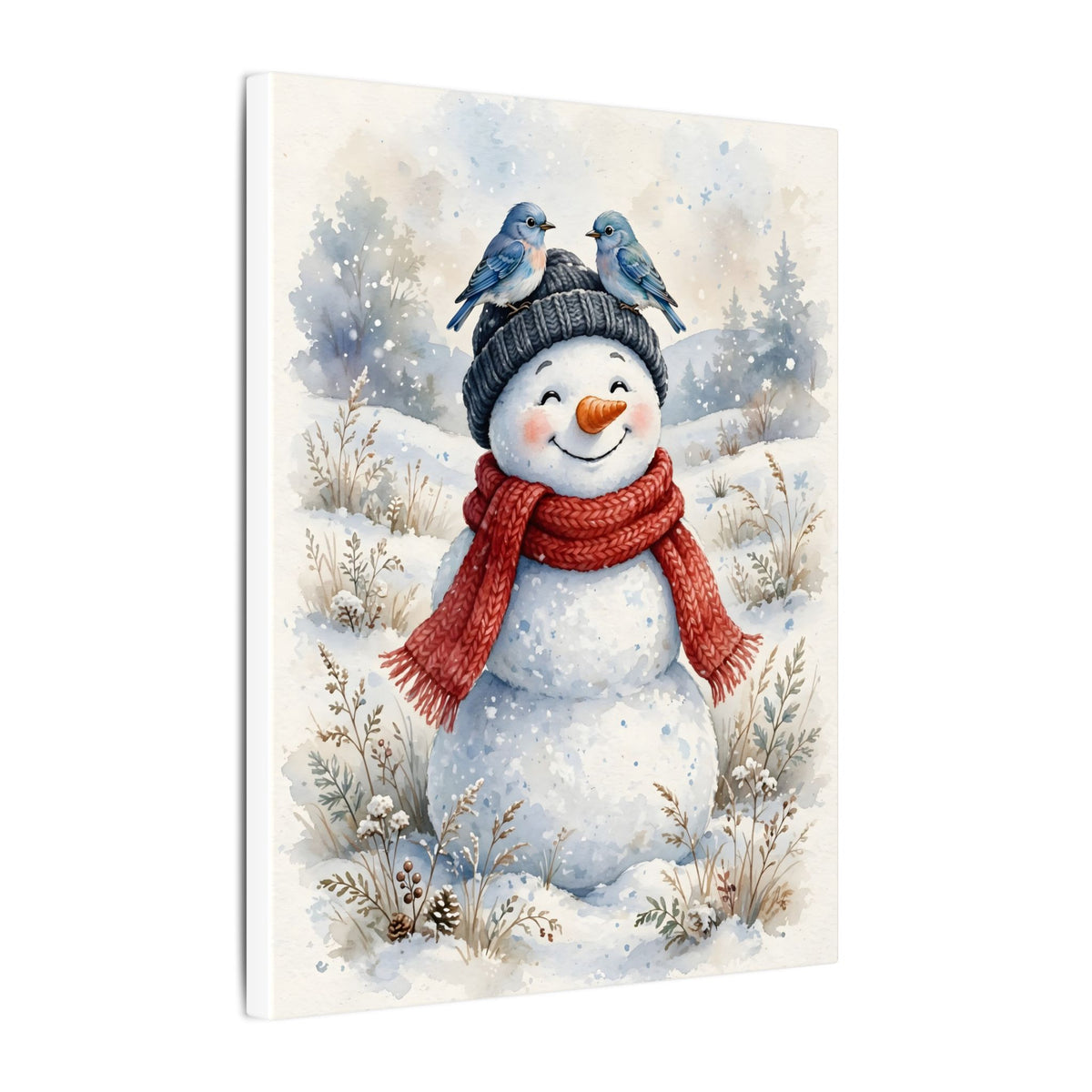 Winter Snowman and Bluebirds Canvas Wall Art – Style 2