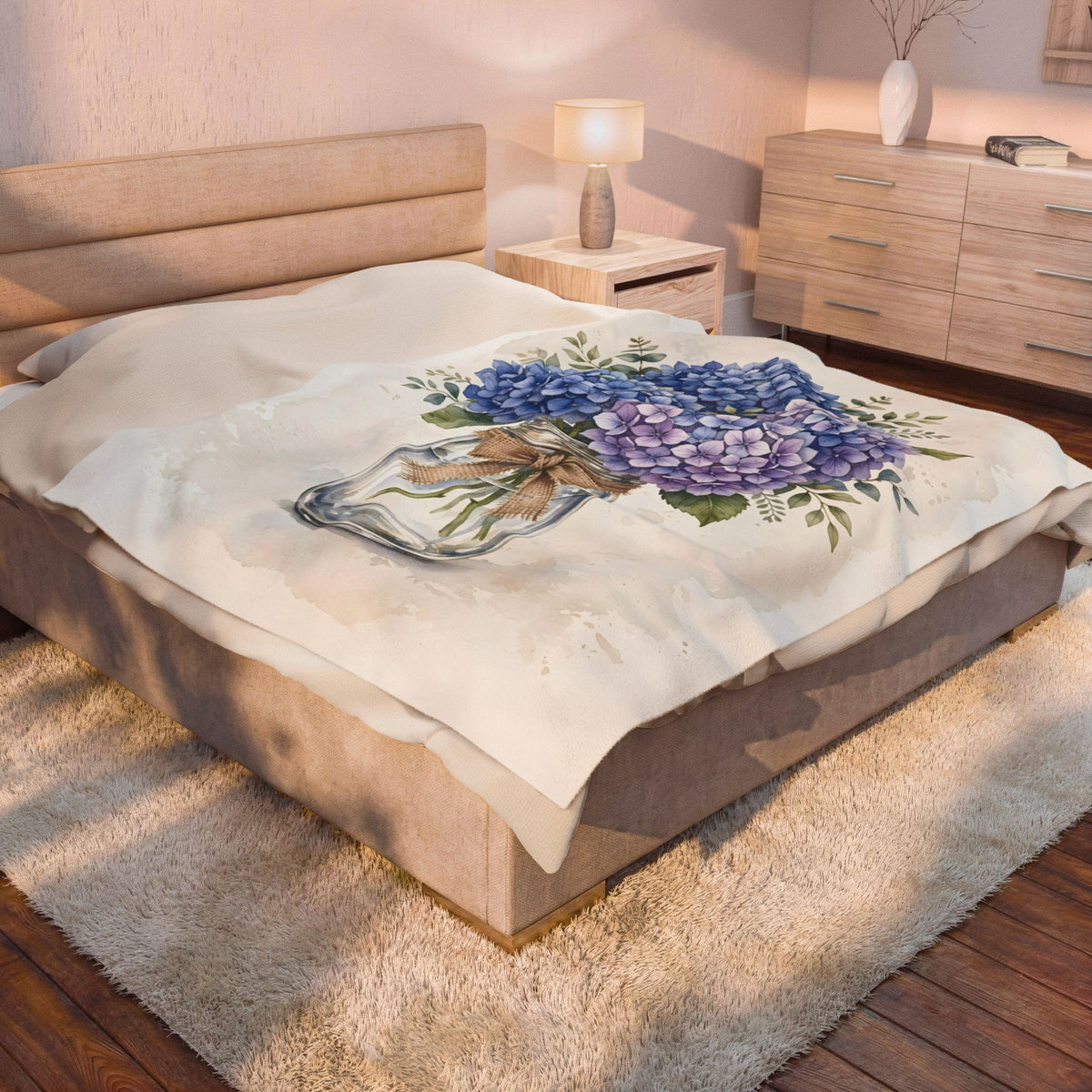 Blue Hydrangeas in a Mason Jar Velveteen Plush Blanket – Style 2