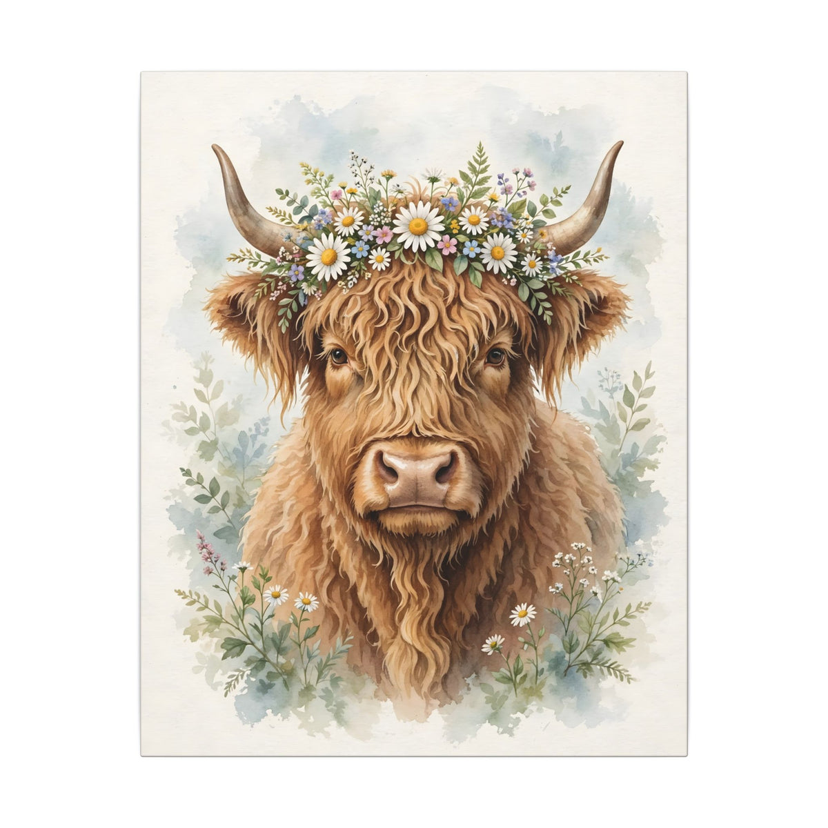 Highland Cow with Flower Crown Canvas Wall Art – Style 2
