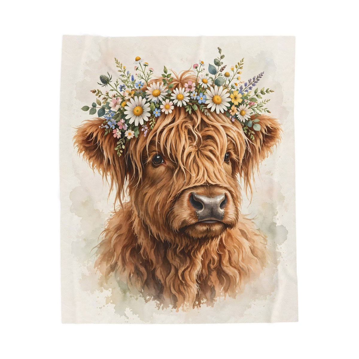 Highland Cow with Flower Crown Velveteen Plush Blanket
