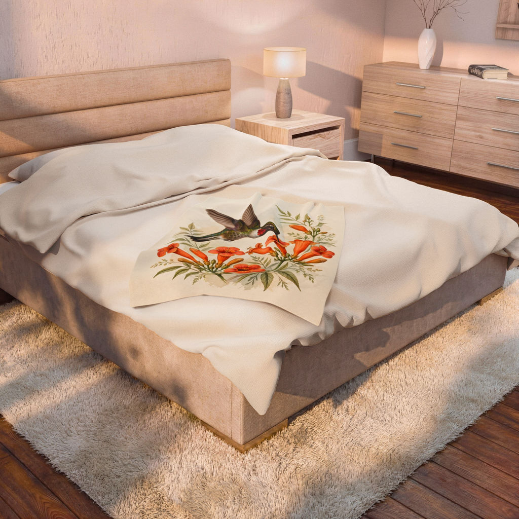 Hummingbird and Trumpet Flowers Velveteen Plush Blanket – Style 2