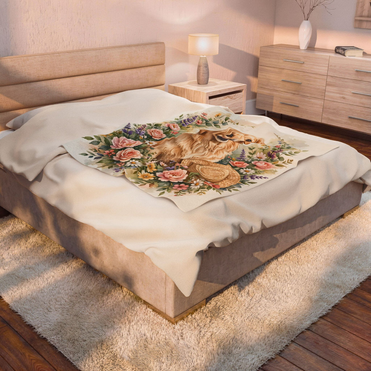 Golden Retriever in the Garden Velveteen Plush Blanket