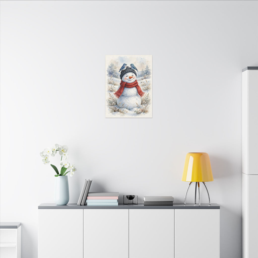 Winter Snowman and Bluebirds Canvas Wall Art – Style 2