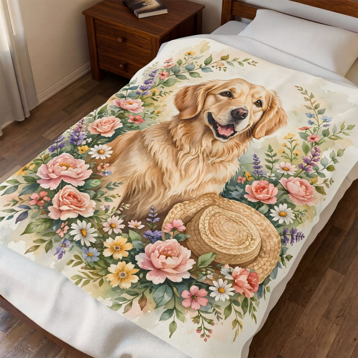 Golden Retriever in the Garden Velveteen Plush Blanket